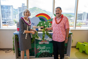 Ed Nishioka, president, Ronald McDonald House Charities of Hawaii, right, pictured with Gidget Ruscetta, COO of Kapiolani Medical Center for Women and Children, at the Hospitality Cart Program blessing ceremony held on June 13, 2024